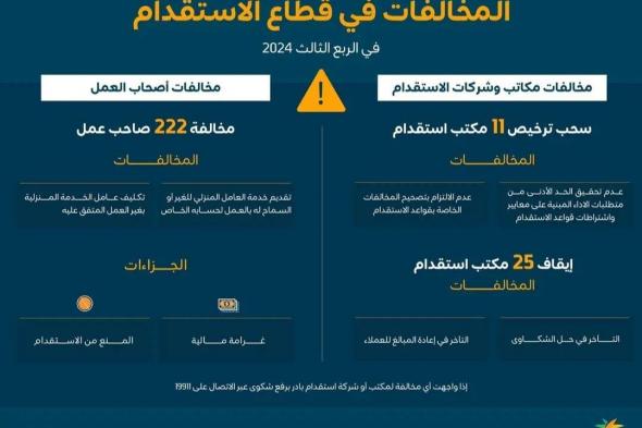 عاجل.. "الموارد البشرية" تفرض عقوبات على 222 صاحب عمل وتوقف 36 مكتب استقدام لمخالفتهم لائحة العمالة