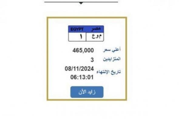 بالبلدي : المزايدة تنتهي غدًا.. طرح لوحة سيارة مميزة بسعر 465 ألف جنيه