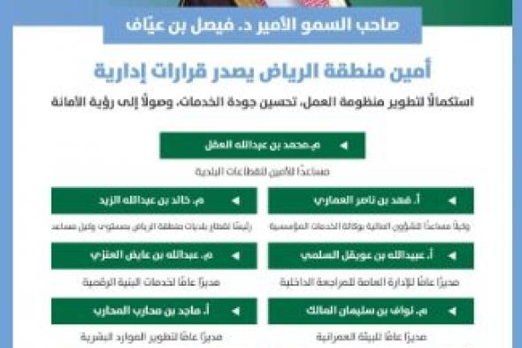 أمين منطقة الرياض يصدر قرارات إدارية تُسهم في مواصلة التطوير ورفع كفاءة الأعمال