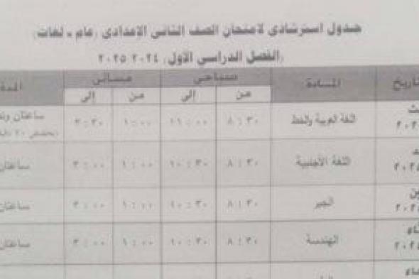 جدول امتحانات الصف الثانى الإعدادى الترم الأول 2025 فى الجيزة